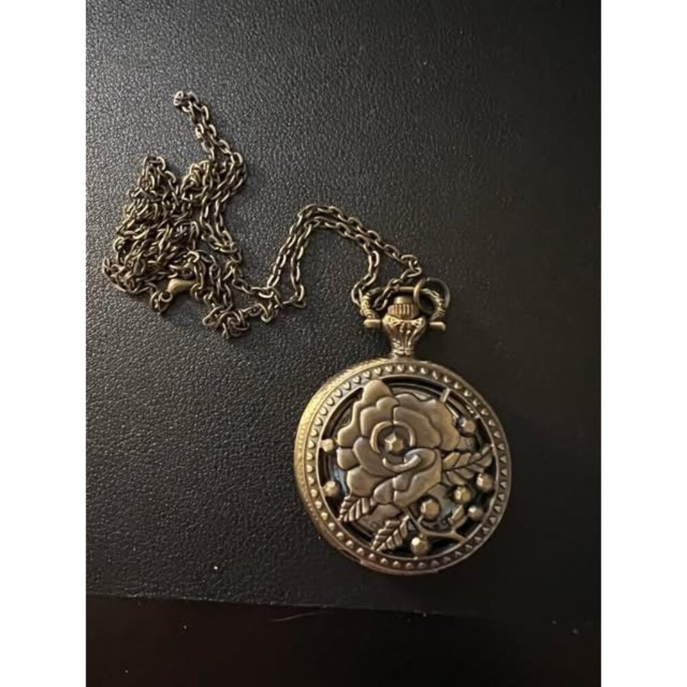 Old Pocket Watch Pendant Necklace with Flower Etching - Watch May Need Battery! - Picture 2 of 5